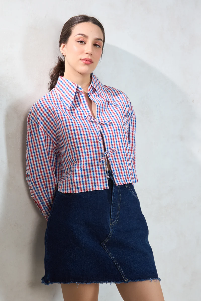 Quince|100% Cotton Checked Shirt With Front Tie-Up