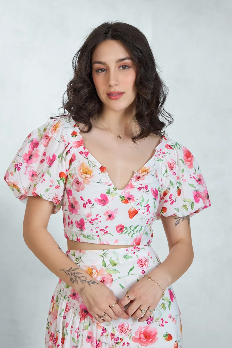Kaira Top|100% Cotton Puff Sleeve Floral Crop Top