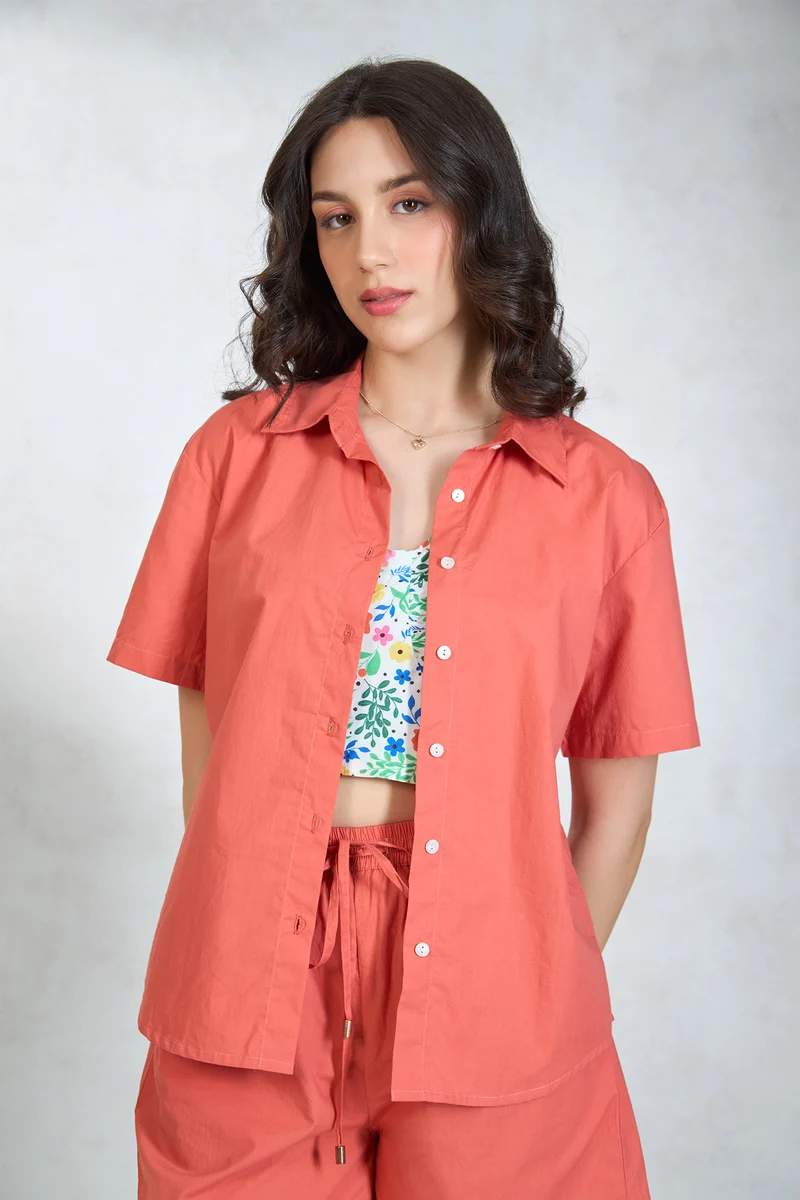 Miles Shirt|100% Cotton Orange Halfsleeve Throw On Shirt
