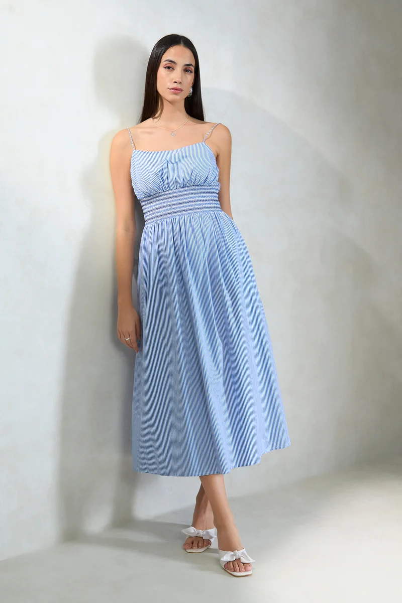 Bretton|100% Cotton Waist Smocked Stripe Dress