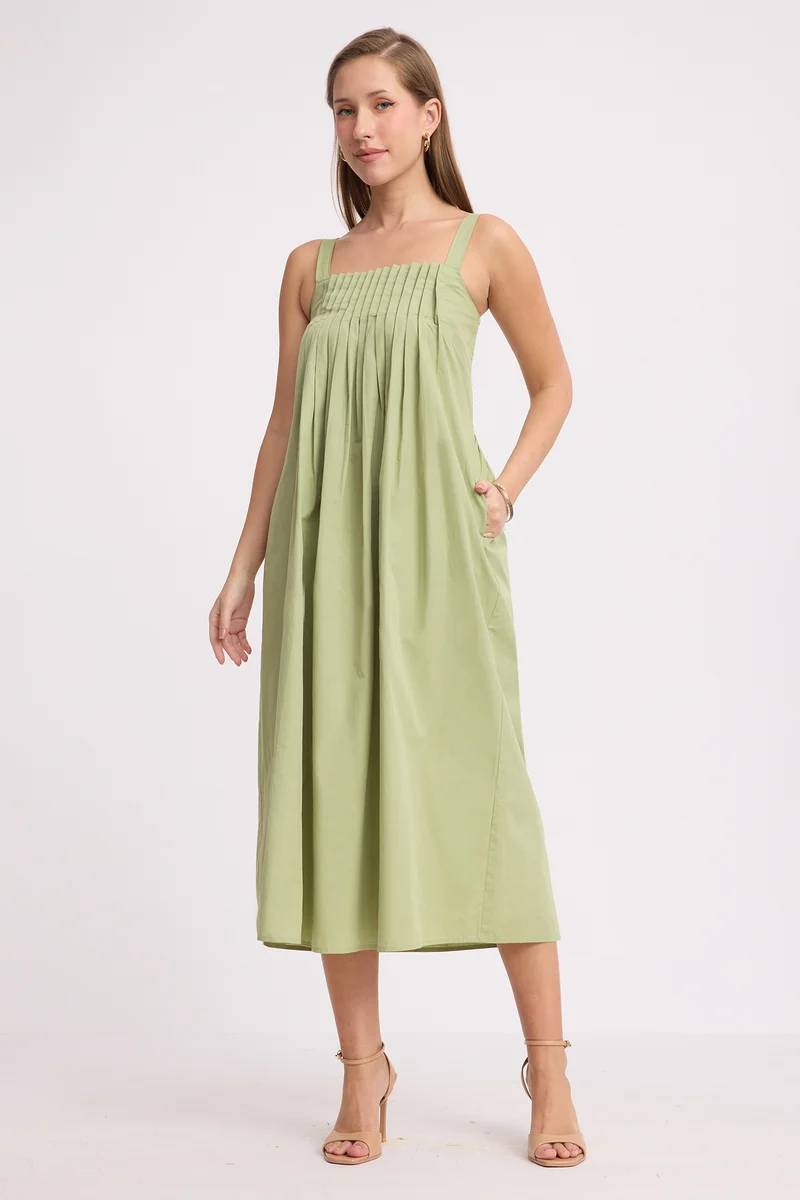 Sunheri|100% Cotton Front Pleated Smocked Midi Dress