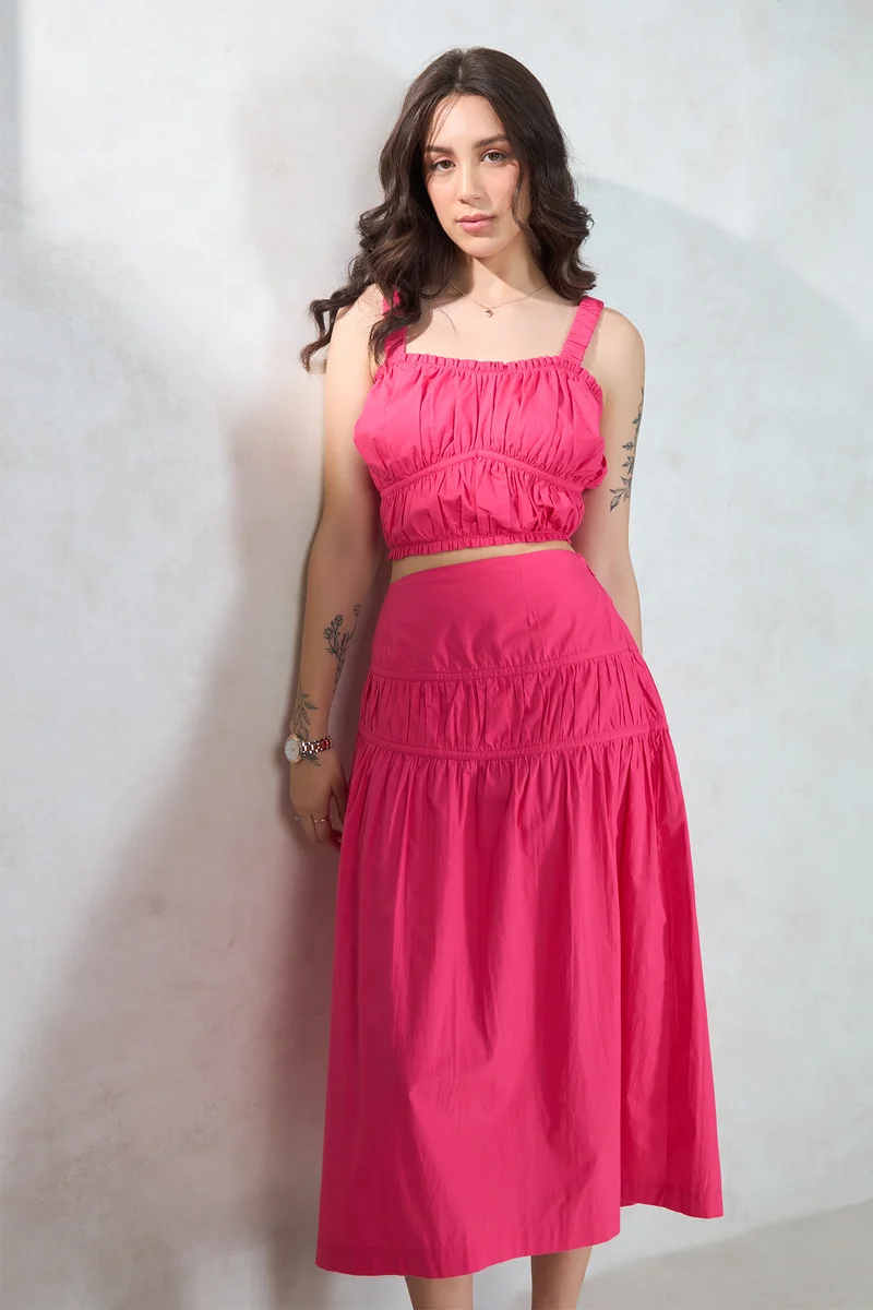 Jasper Skirt|100% Cotton Pink Midi Gathered Skirt