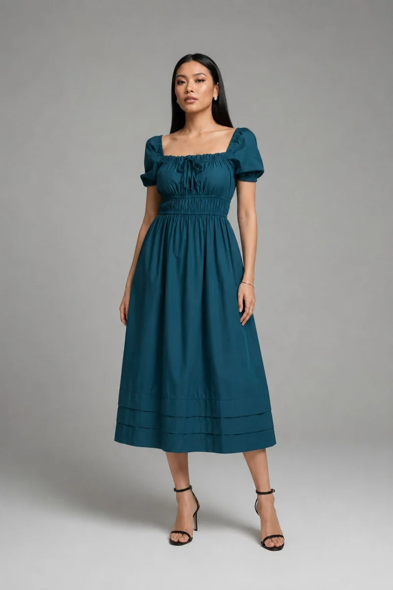 Kiona|100% Cotton Blue Midi Dress With Puff Sleeves