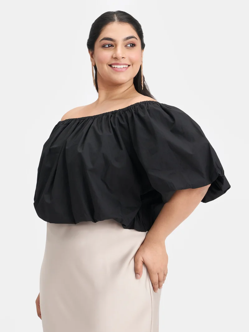 Aiko|100% Cotton Off-Shoulder Bubble Crop Top