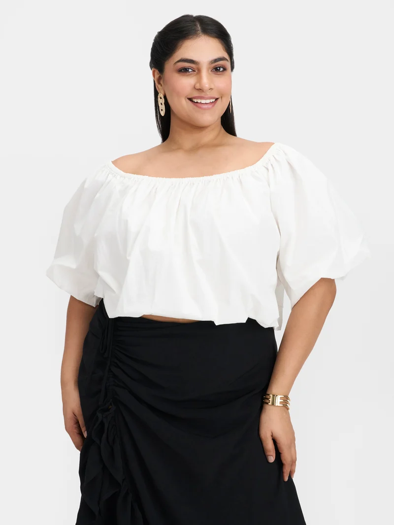 Mika|100% Cotton Off-Shoulder Bubble Crop Top