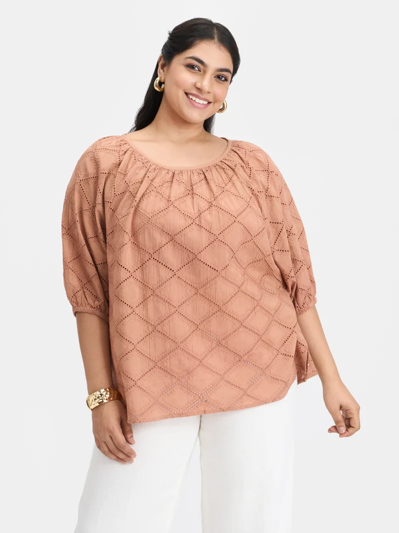 Mage|100% Cotton Schiffli Raglan Top