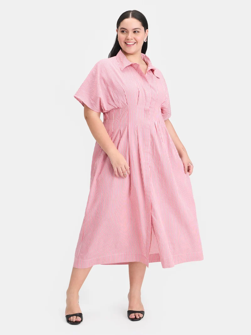 Zaira|100% Cotton Pleated Button Shirt Dress