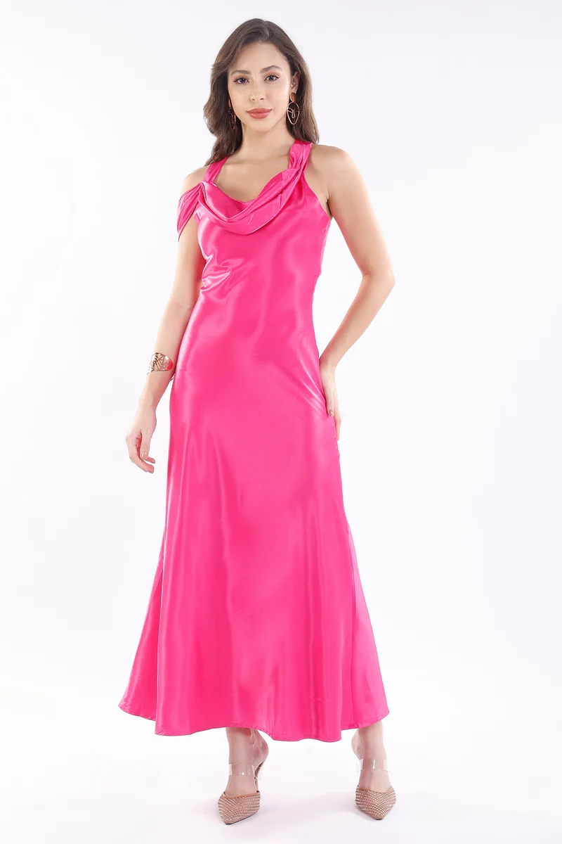 Ari|Satin Cowl Neck Slim Dress