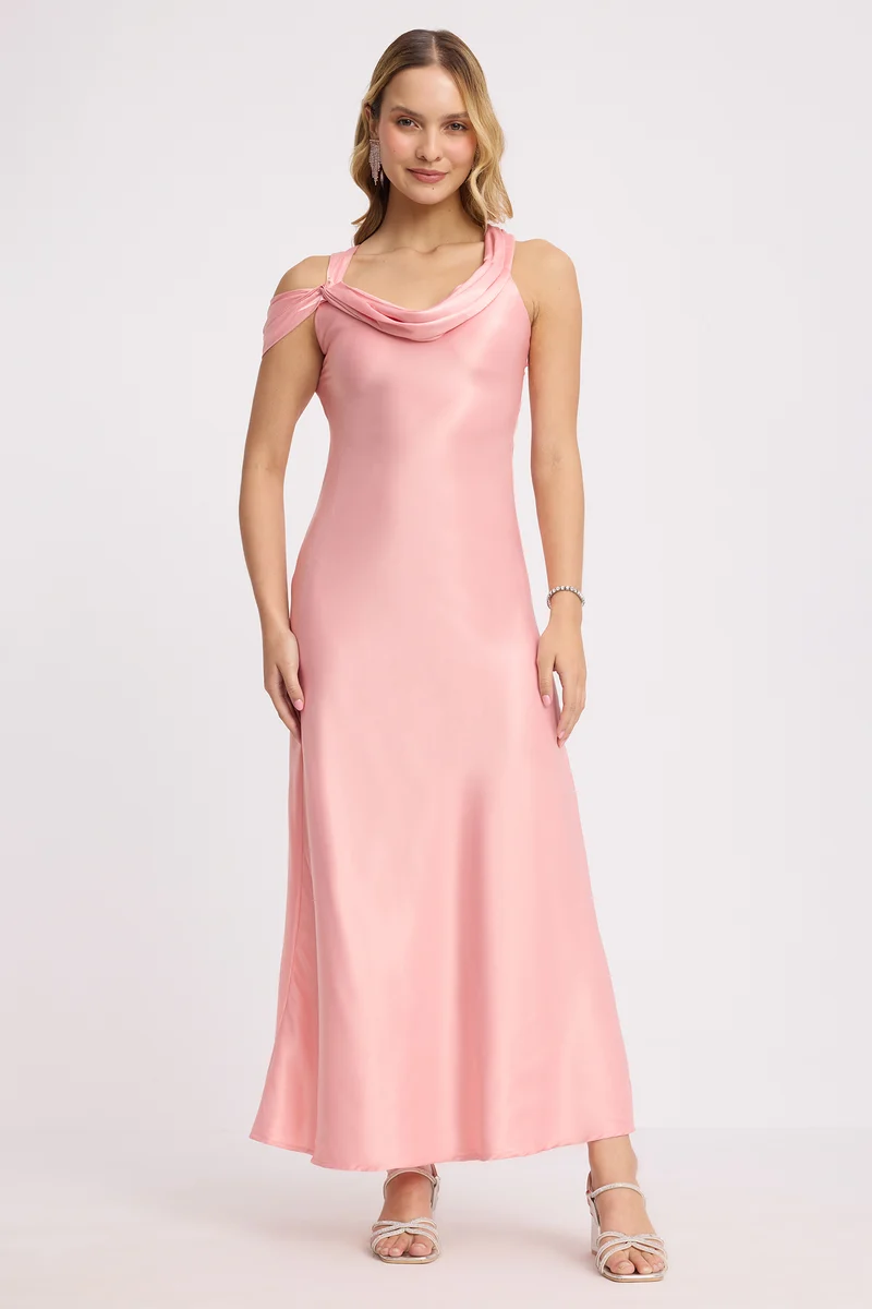 Emar|Satin Cowl Neck Slim Dress