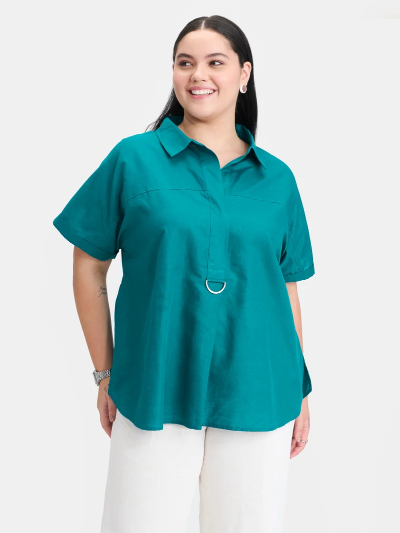 Nita|Linen D-Ring Utility Collared Top