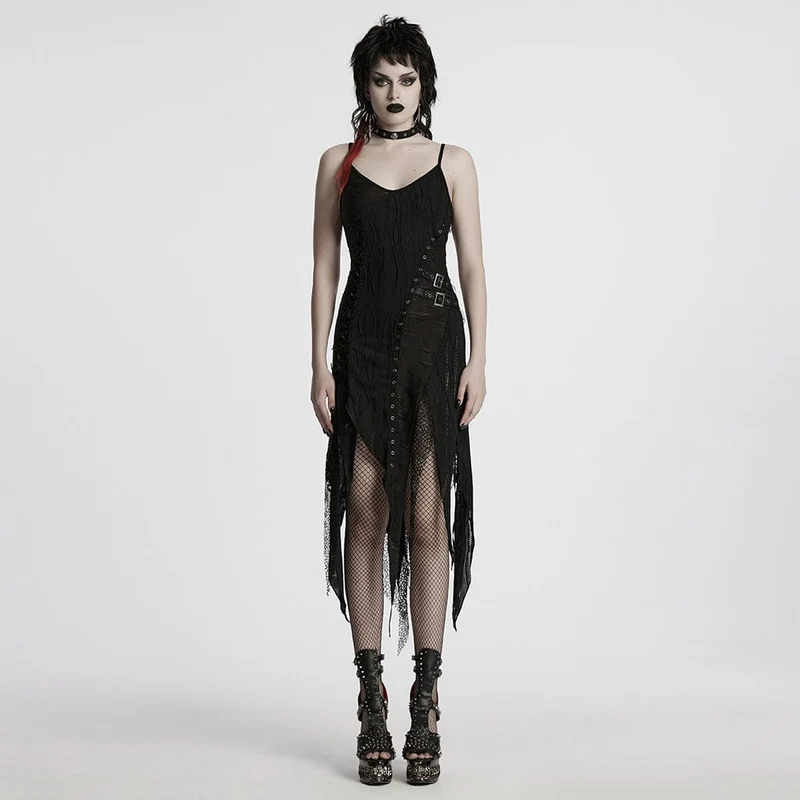Gothic Irregular Ripped Slip-up Party Slipklänning för kvinnor
