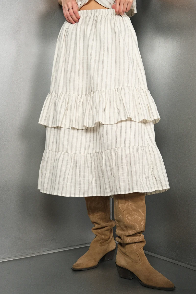 Trooper|100% Cotton Striped Tiered Skirt With Elastic Waist