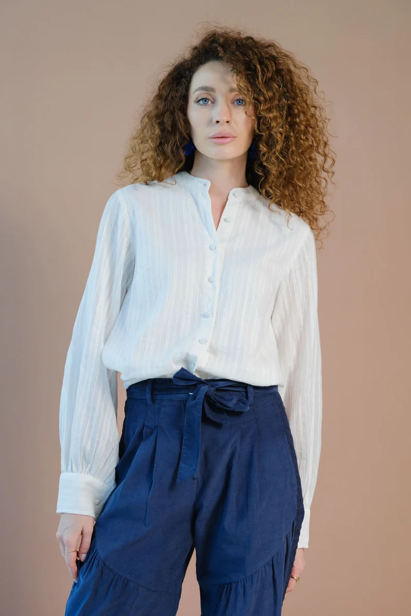 Sora|100% Cotton Balloon Sleeve Button Down Top