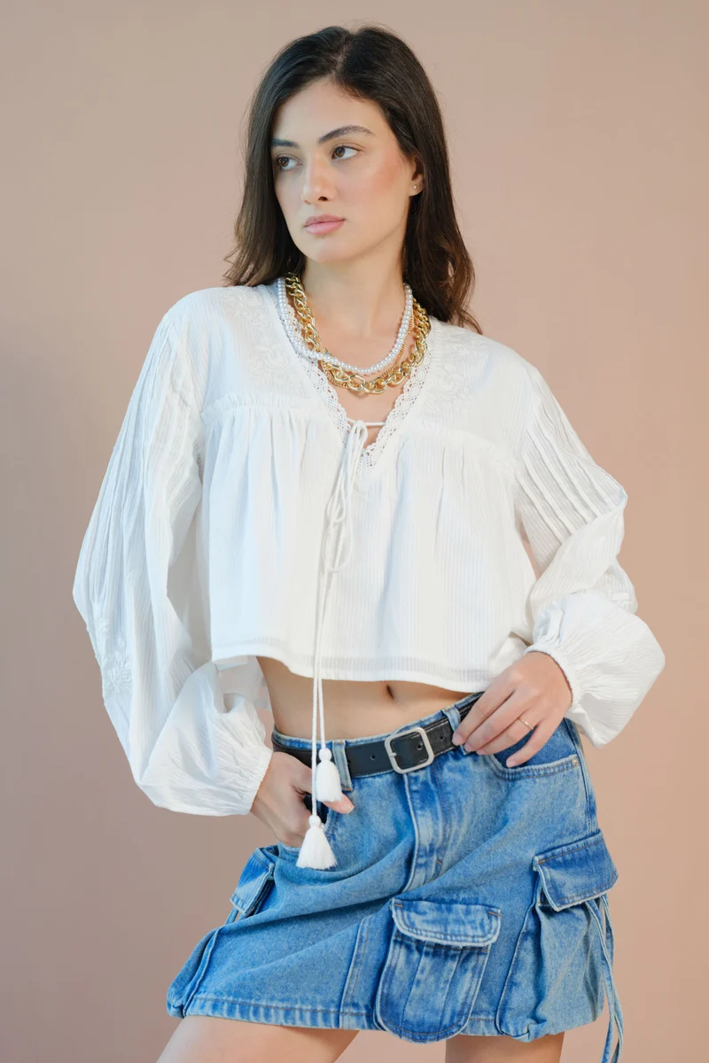 Krya|100% Cotton Long Sleeve Tie-Up Top