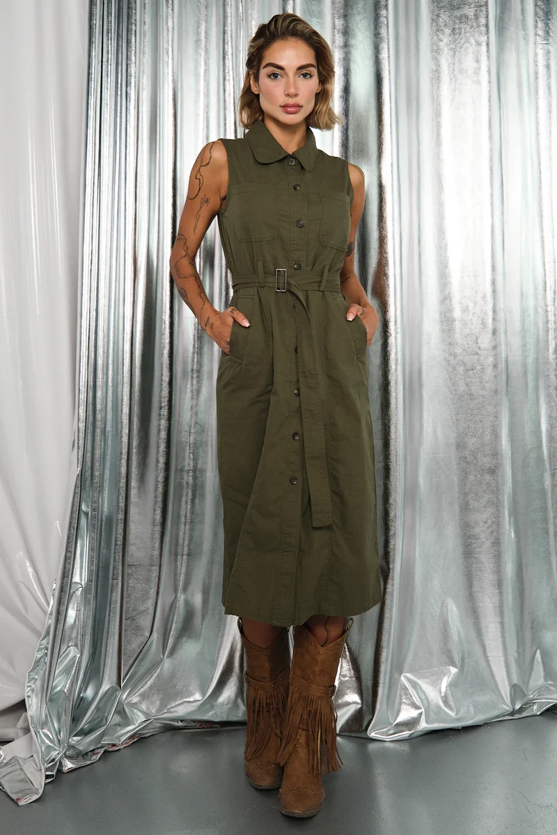 Olive|100% Cotton Front Open Twill Dress With Belt