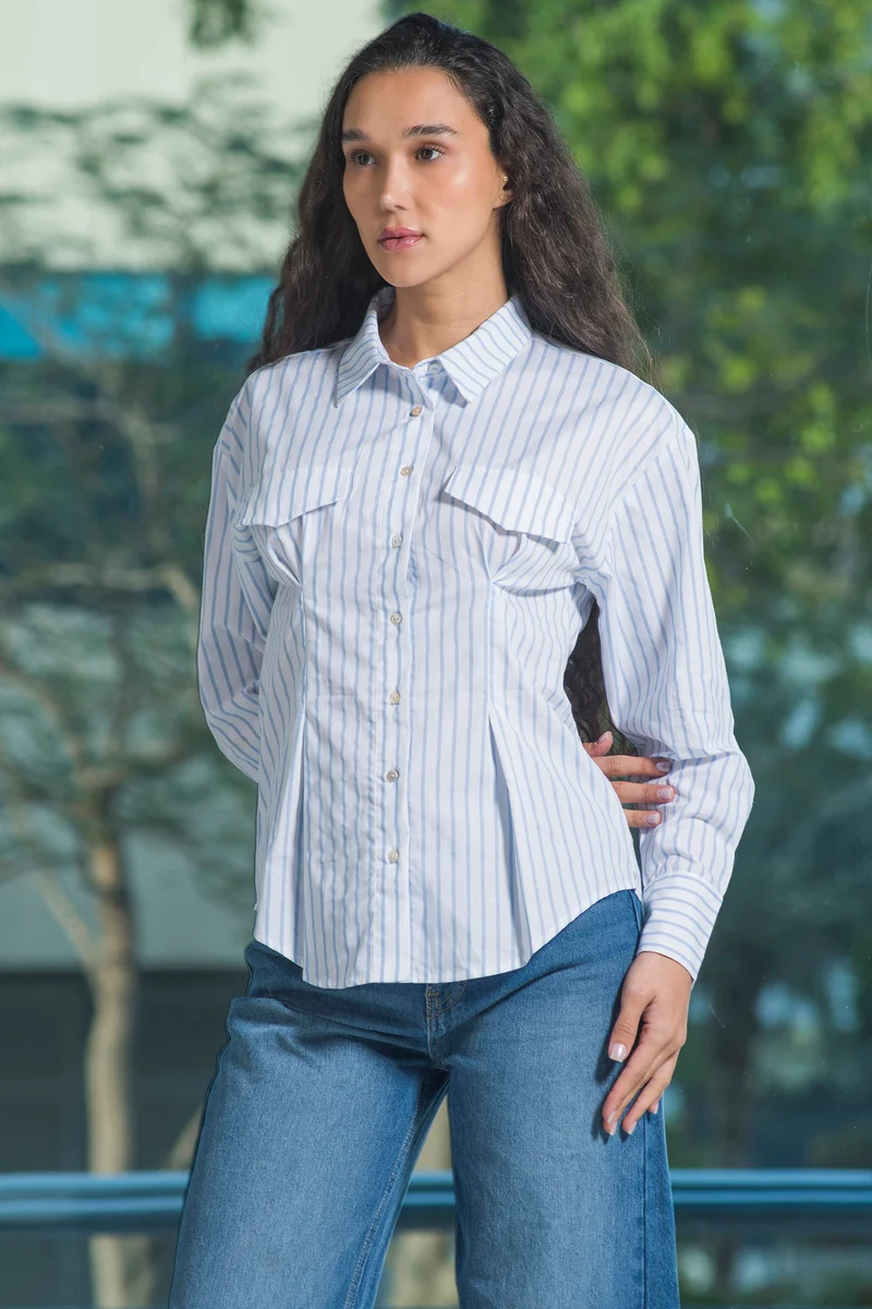 Tinae|100% Cotton Fitted Stripe Shirt With Flap