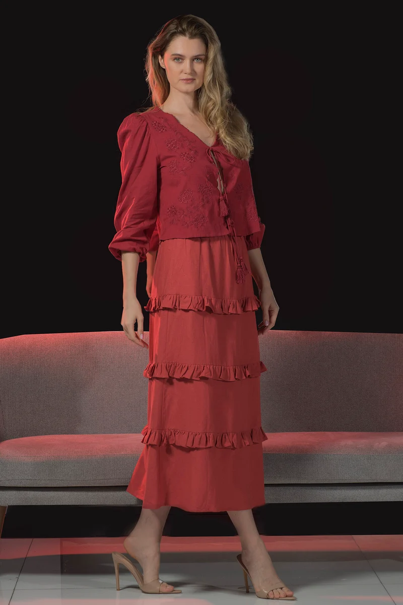 Roshelle|100% Viscose Skirt Midi Length With Ruffle