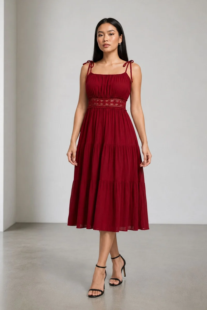 Sefina|100% Viscose Dress With Intricate Contrast Embroidery
