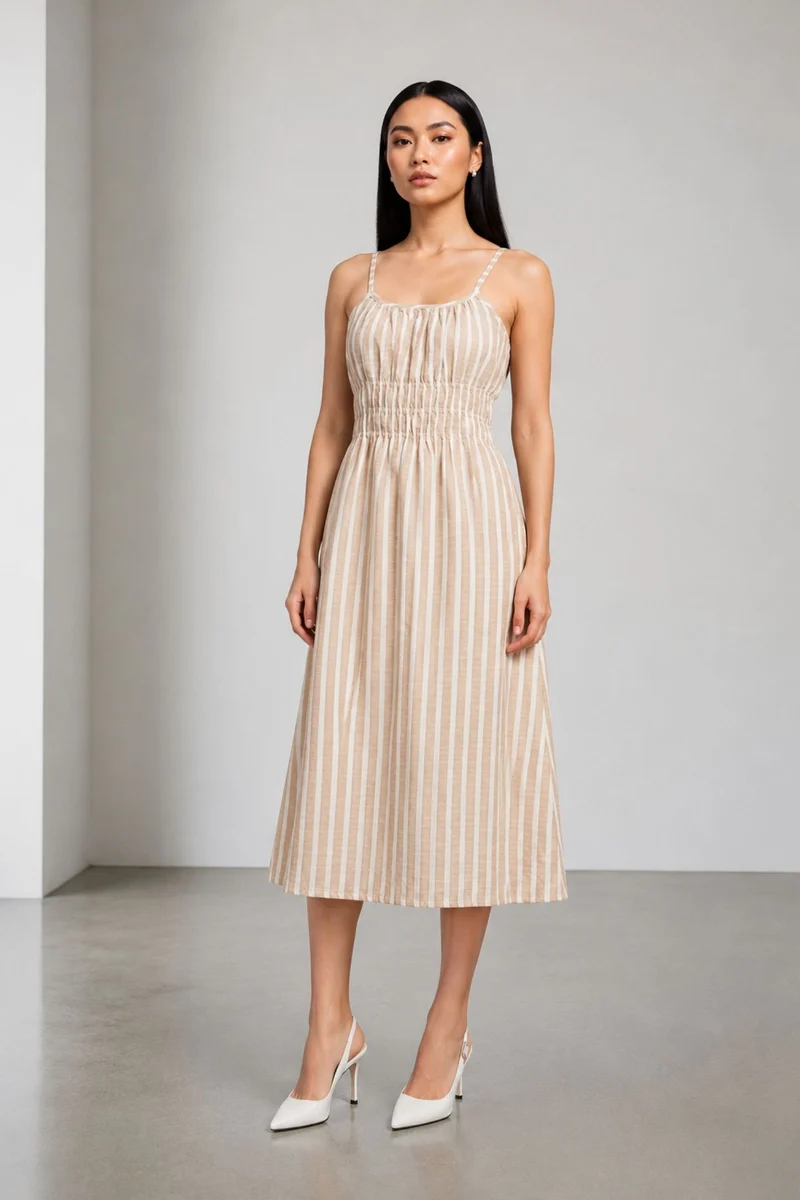 Rui|100% Cotton Striped Midi Dress With Ruched Bodice