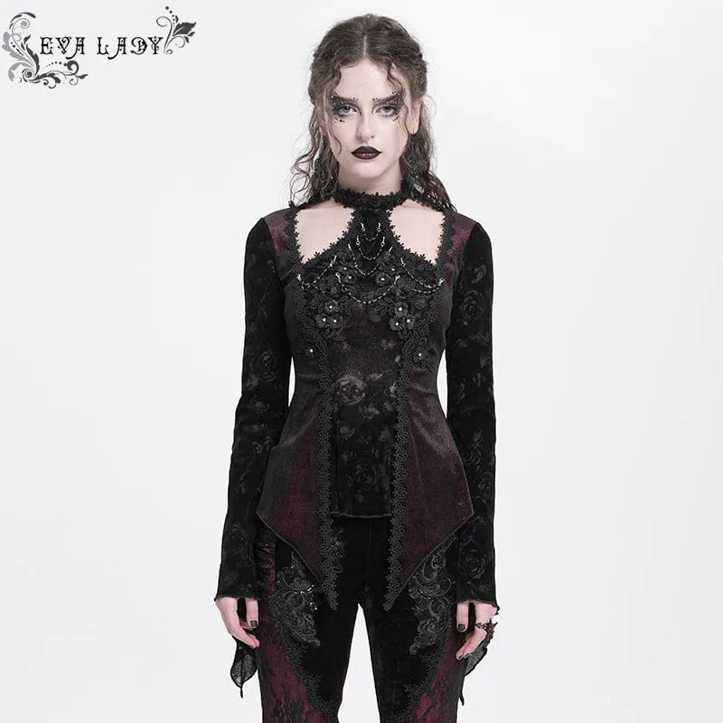 Gothic Cutout Utsvängd sammetsskjorta med ärmar för kvinnor Röd
