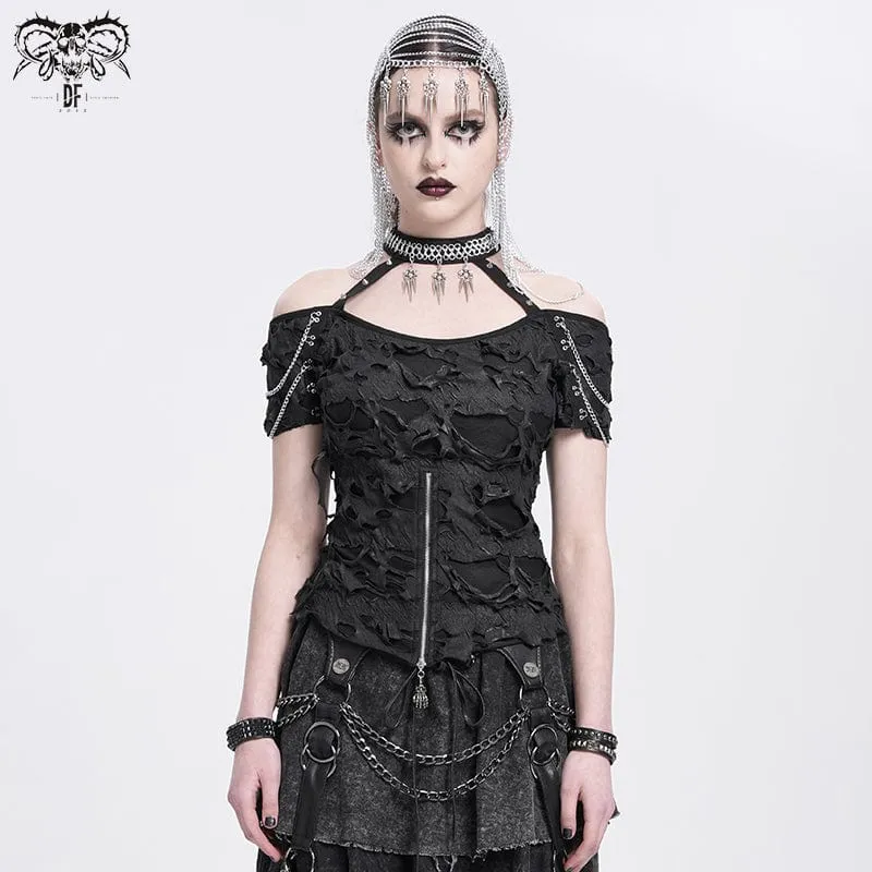 Punk-off-the-shoulder sliten skjorta för kvinnor