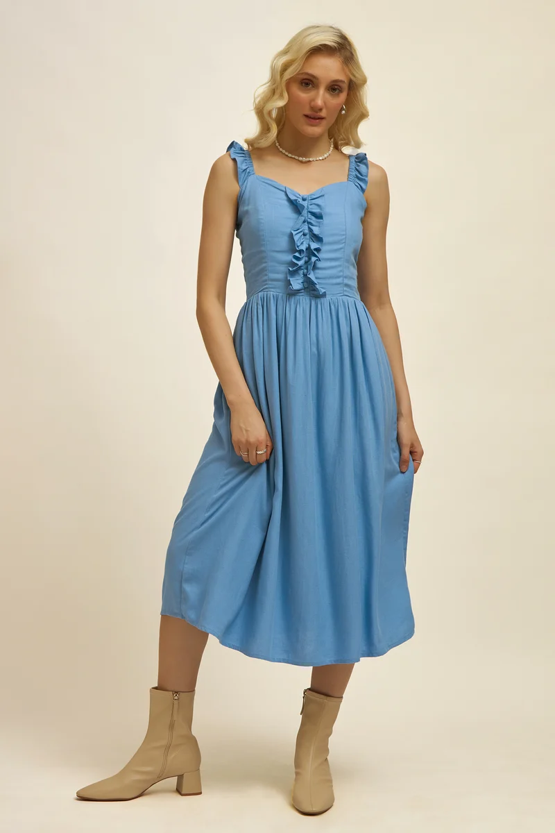 Violeta|Linen Blue Ruffle Midi Dress