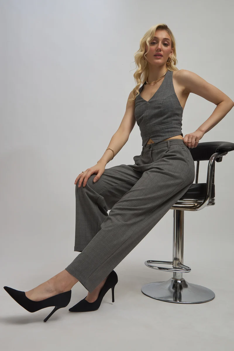 Melora|Viscose Stretch Grey Tapered Pleated Pant
