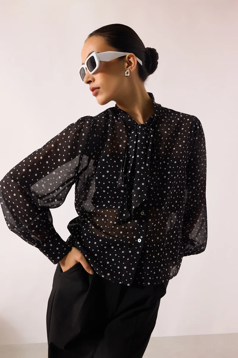 Meghan|Georgette Polka Top With Tie-Up At Neck