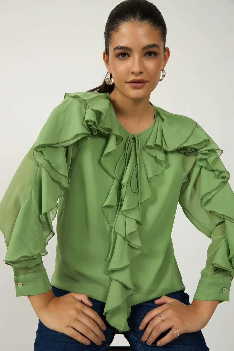 Shonda|Georgette Green Ruffle Blouse
