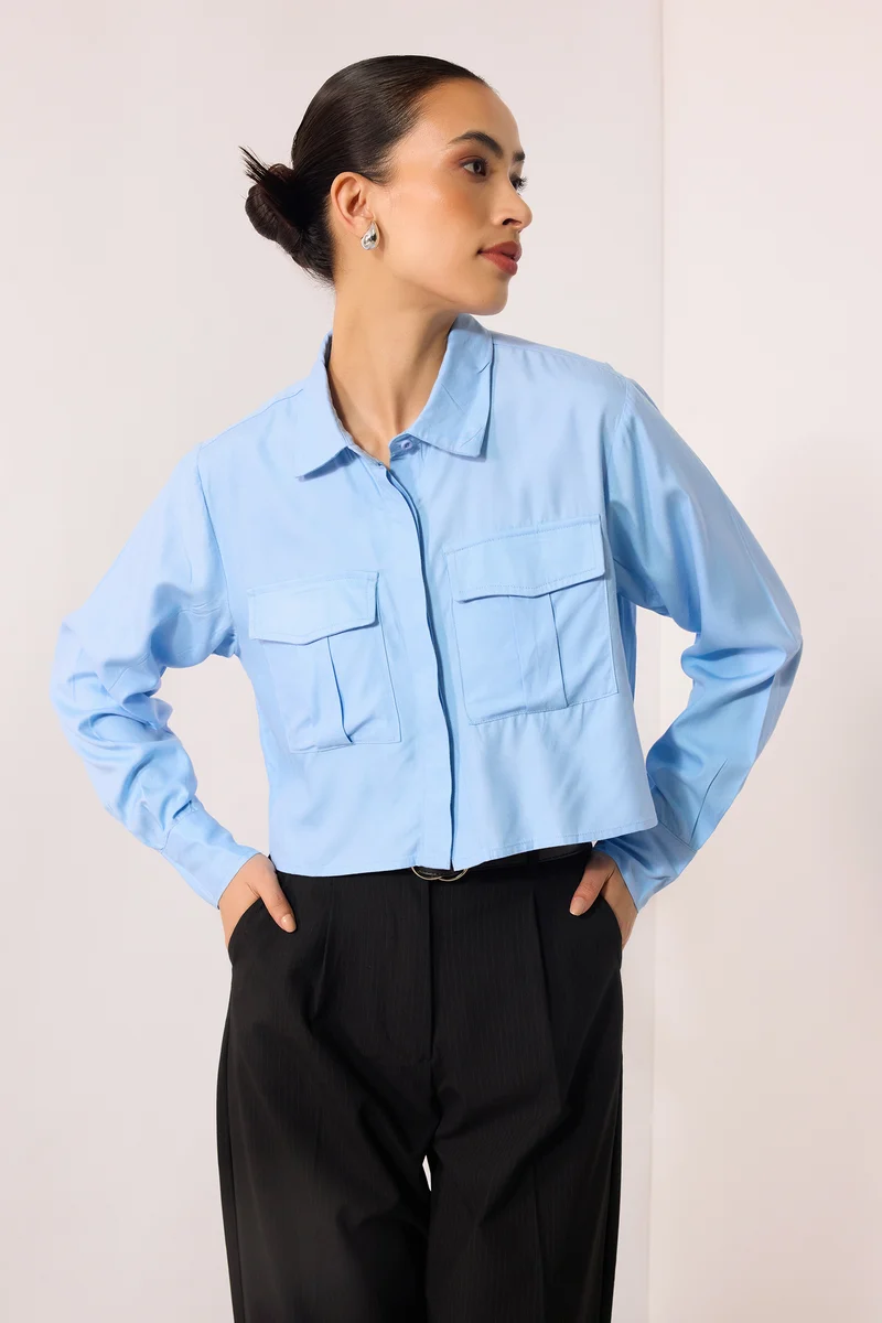 Alana|100% Viscose Oversize Blue Shirt With Pockets