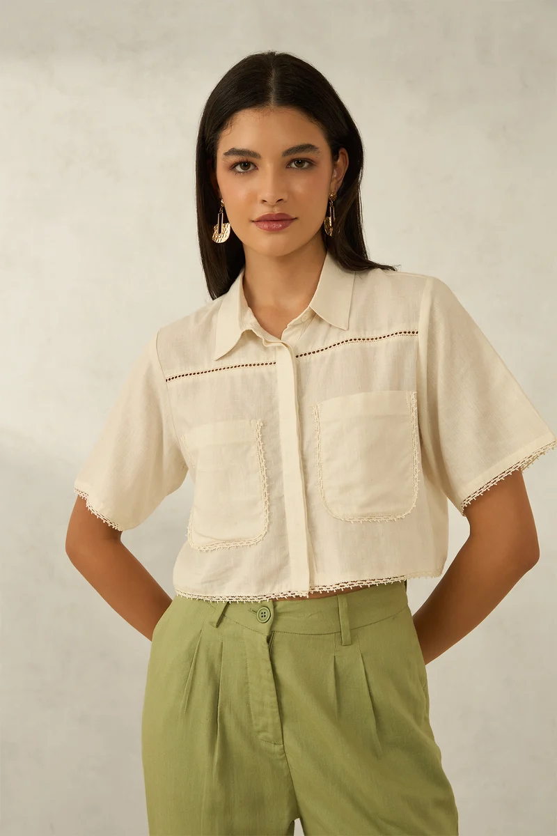 Elena|Linen Cropped Boxy Fit Lace Shirt
