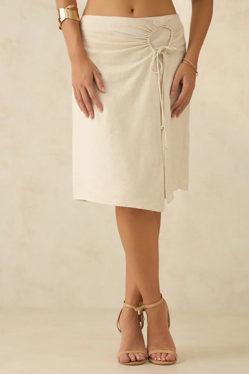 Velicia Skirt|Linen Printed Ruched Wrap Skirt