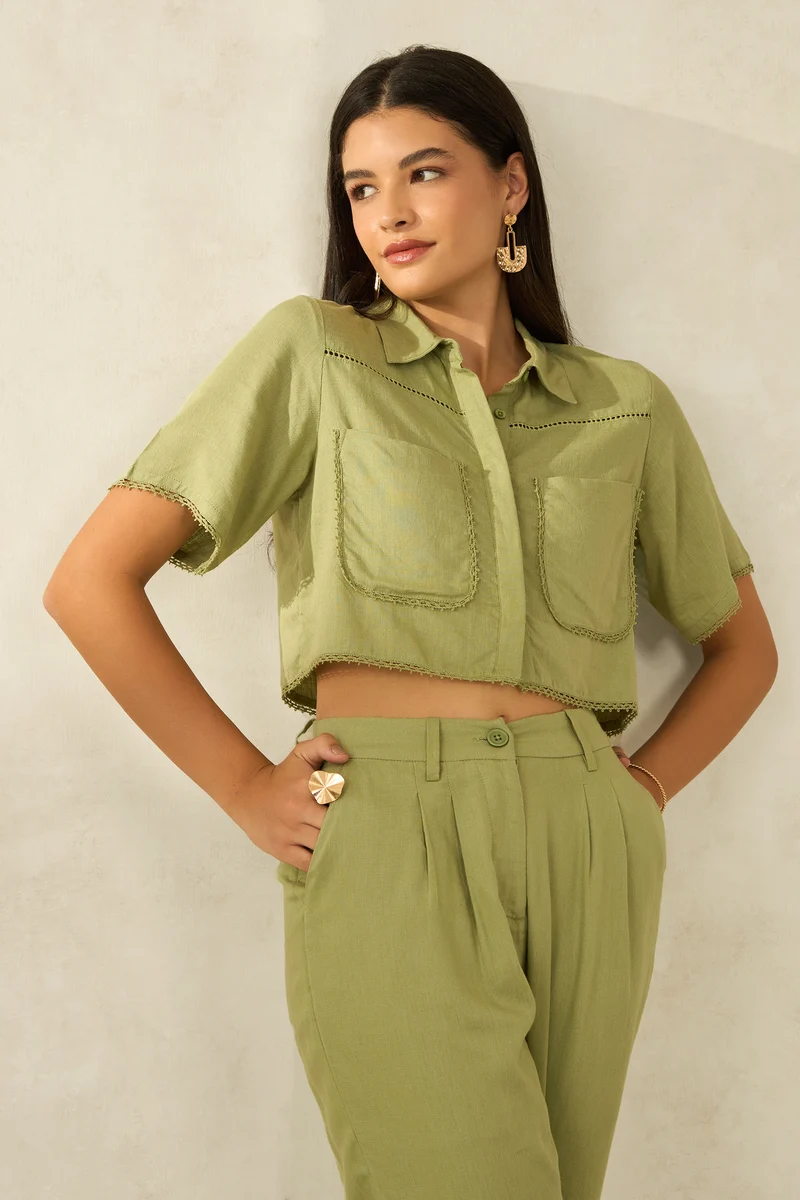 Nell|Linen Printed Cropped Boxy Fit Lace Shirt
