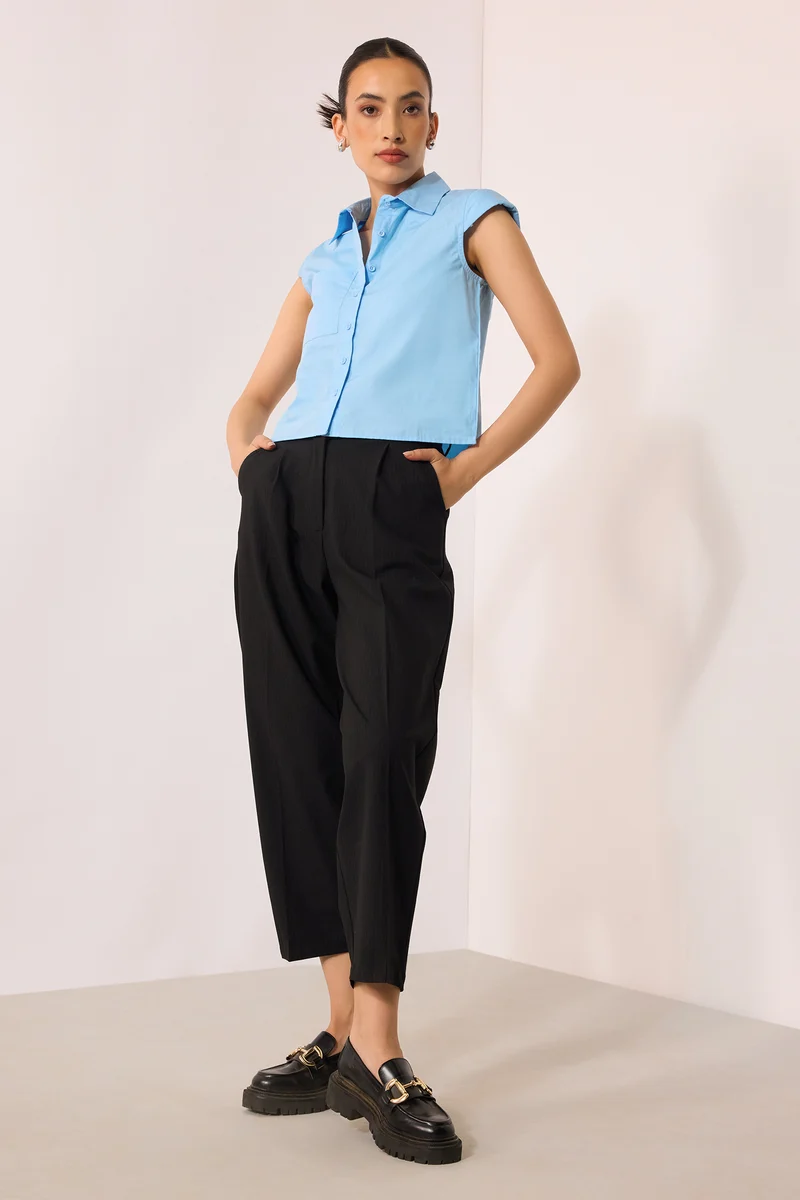 Gina|Viscose Stretch Black Tapered Pleated Pant