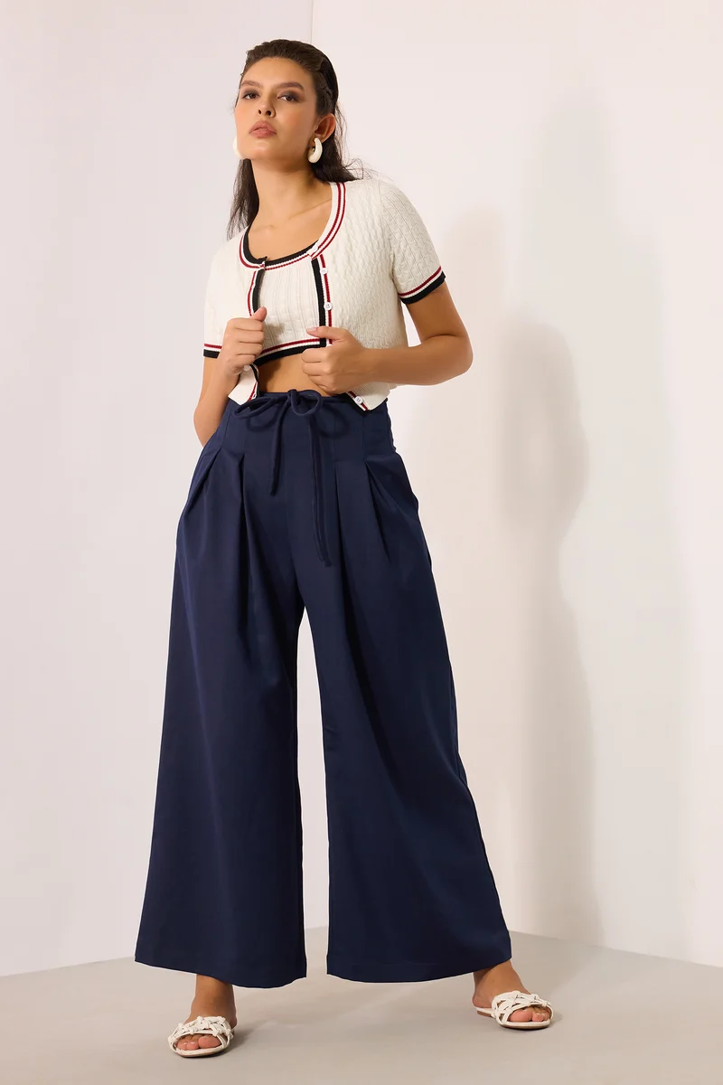 Brynn|Viscose Stretch Navy Pleated Flare Pant