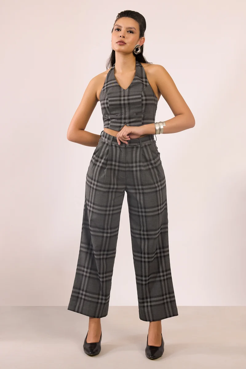 Krysten|Viscose Stretch Checked Straight Fit Pant