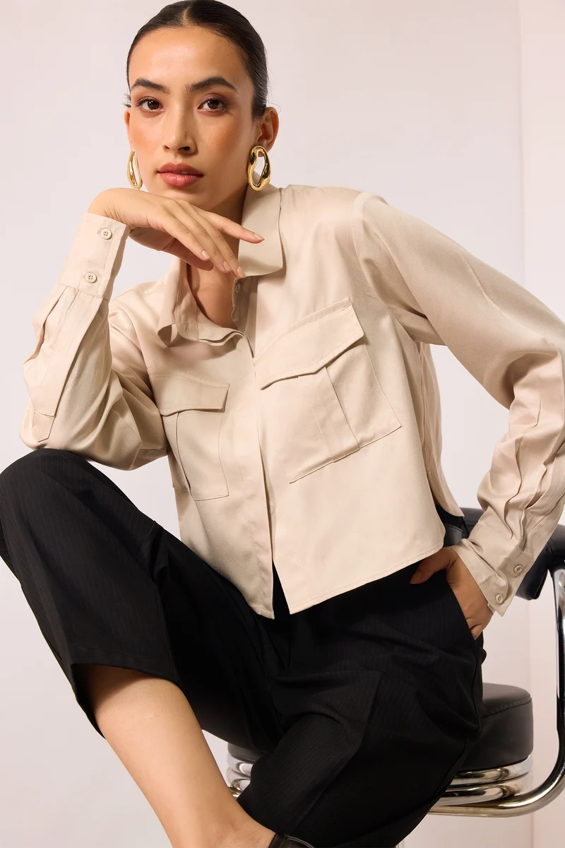 Nikohl|100% Viscose Oversize Ivory Shirt With Pockets