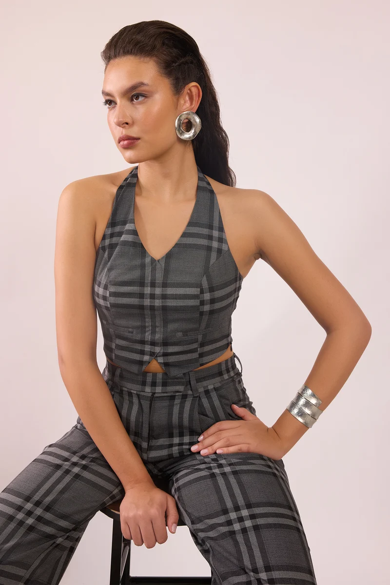 Skye|Viscose Stretch Halter Checked Vest