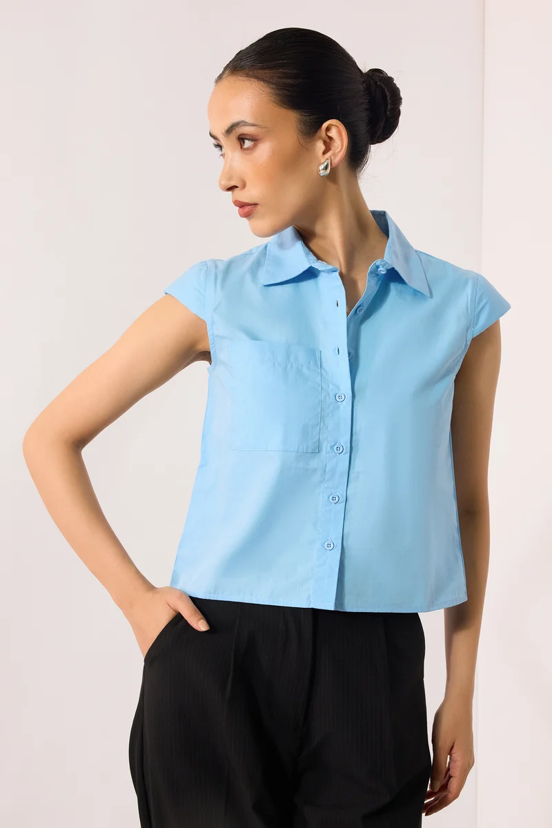 Jacinda|100% Cotton Blue Shirt With Cap Sleeve