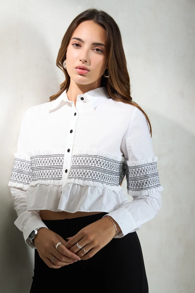 Romy|100% Cotton Smocked Crop Shirt
