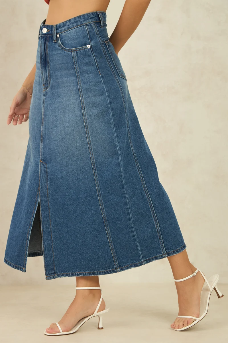 Axel|100% Cotton Denim Panelled Midi Slit Skirt