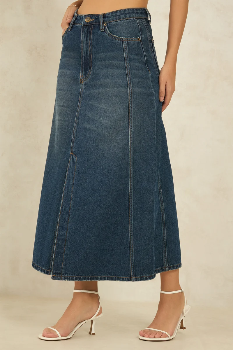Draven|100% Cotton Denim Panelled Midi Slit Skirt