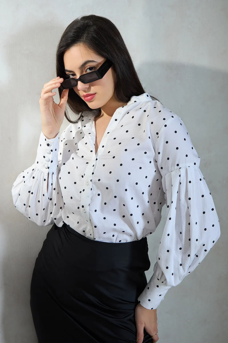 Stephen|Cotton Stretch Puff Sleeved Polka Top
