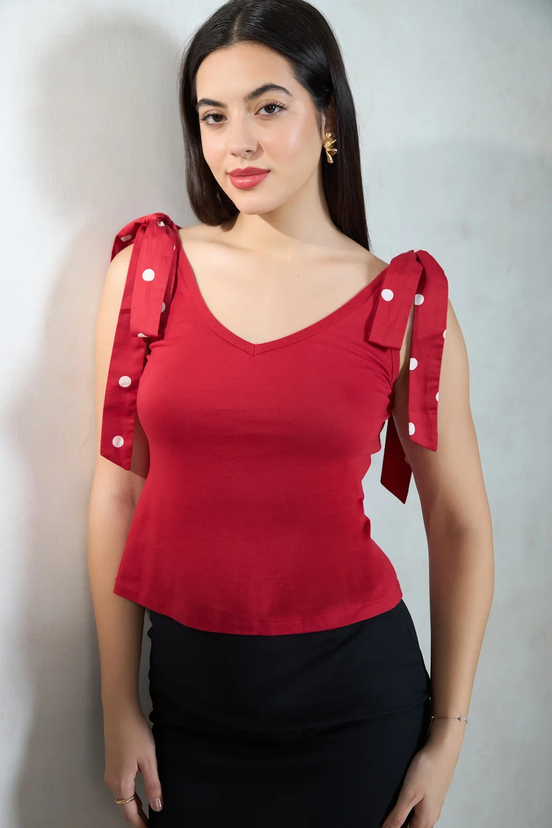Besmo|Cotton Red Knit Top With Shoulder Bow