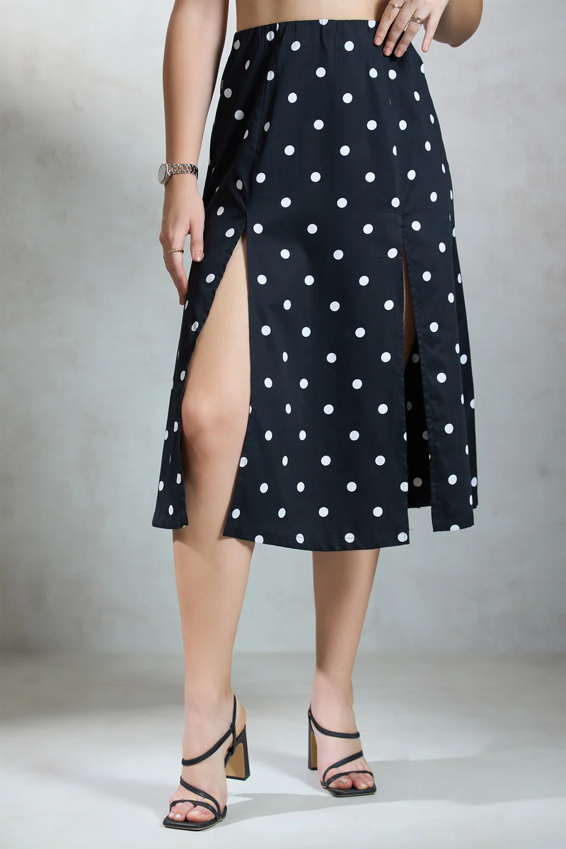 Phia|100% Cotton Front-Slit Polka Print Skirt