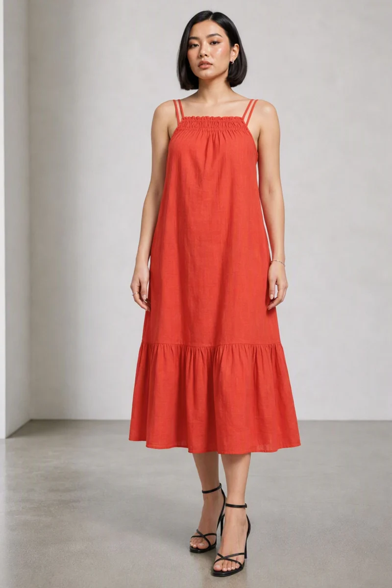 Emilie|100% Cotton Coral Midi Dress