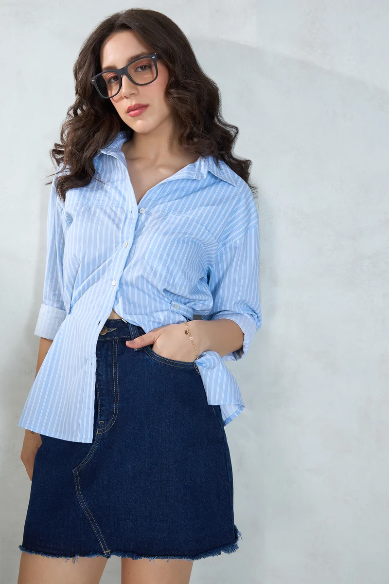 Shawn|100% Cotton Relaxed Blue Stripe Shirt