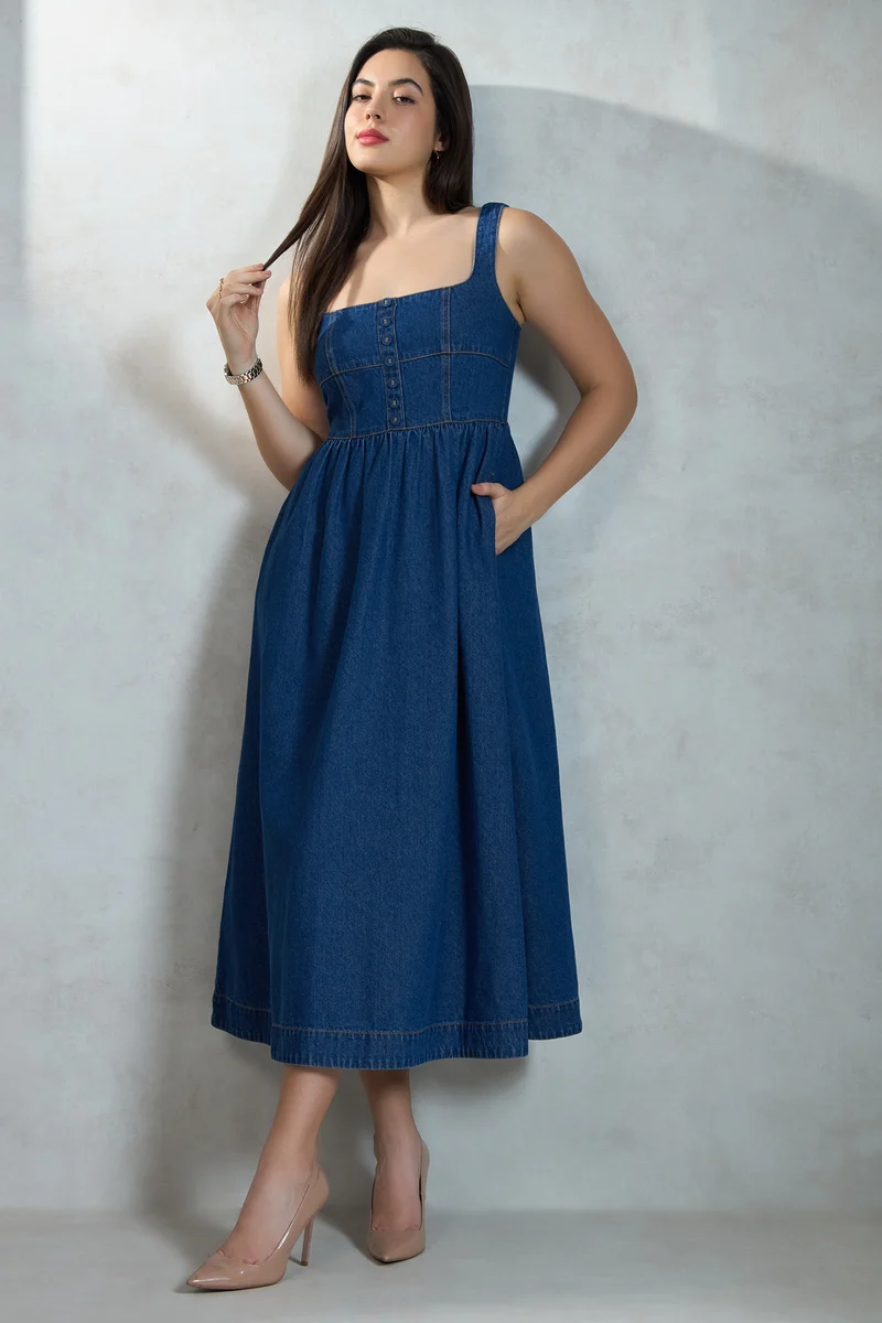 Madeleine|100% Cotton Denim Flared Midi Dress