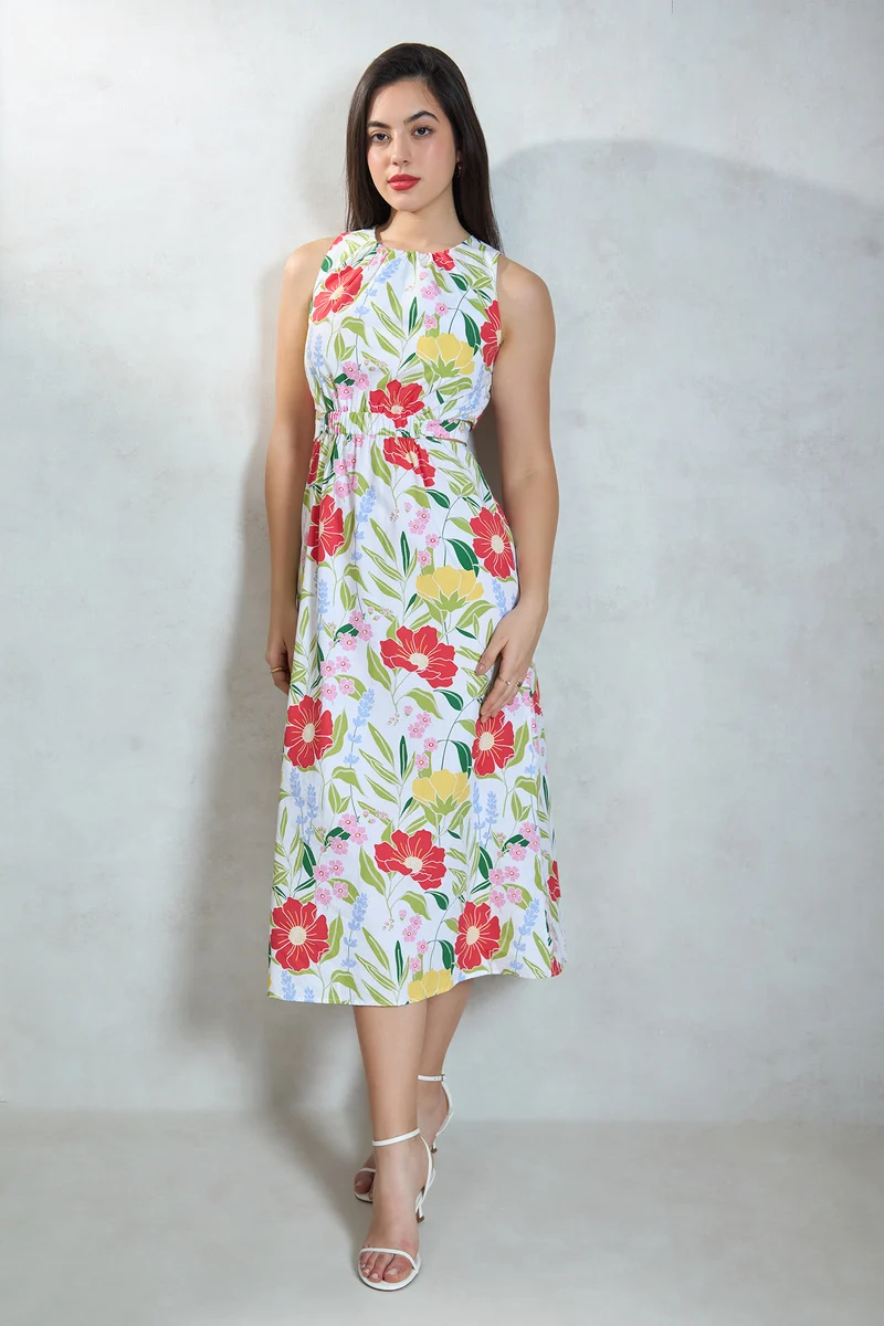 Blaine|100% Cotton Floral Waist Detail Midi Dress