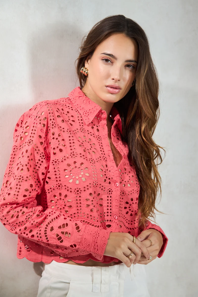 Ingrid|100% Cotton Pink Boxy Shirt With Scallop Hem